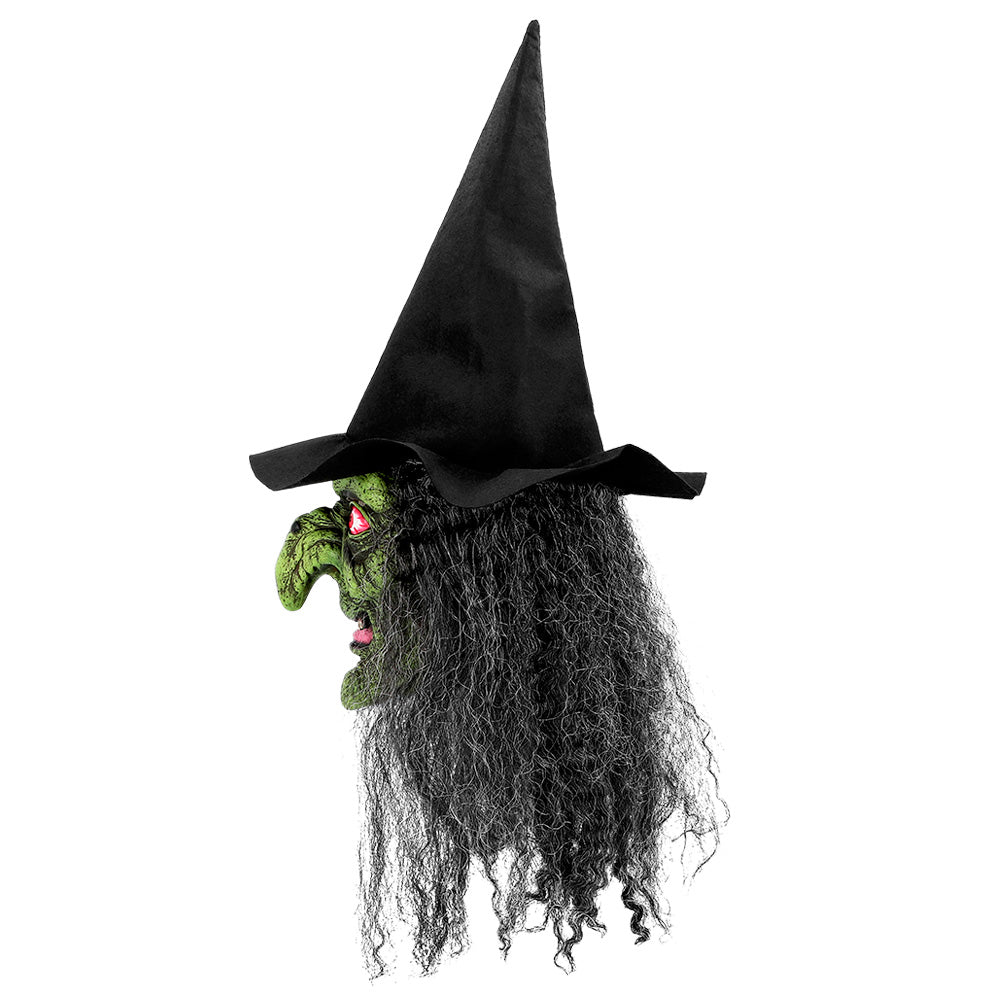 Masque Sorcière Verte avec Chapeau Noir et Cheveux Longs