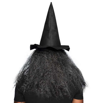 Masque Sorcière Verte avec Chapeau Noir et Cheveux Longs