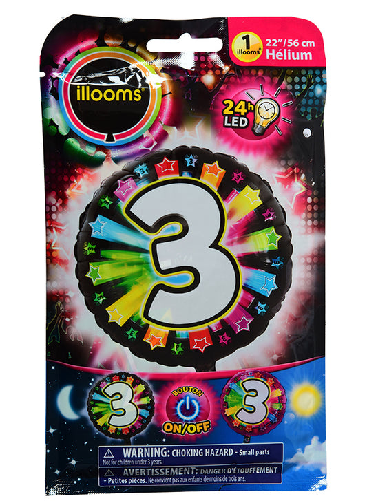 Ballon aluminium chiffre 3 multicolore LED Illooms® 50 cm