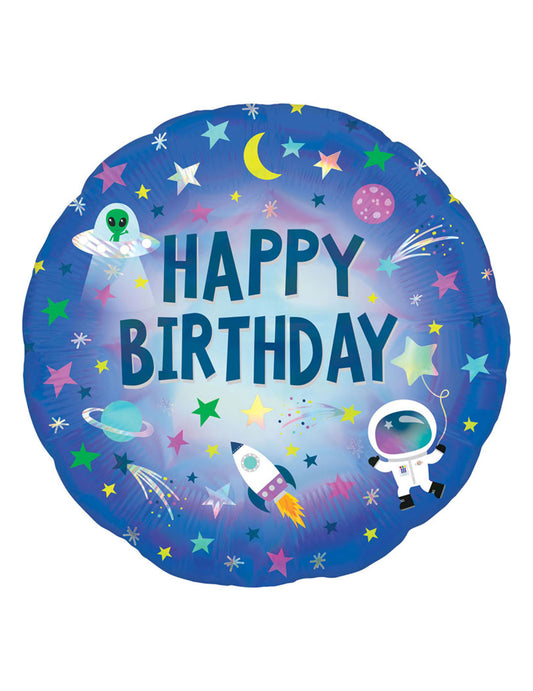 Ballon aluminium holographique Happy Birthday espace 45 cm