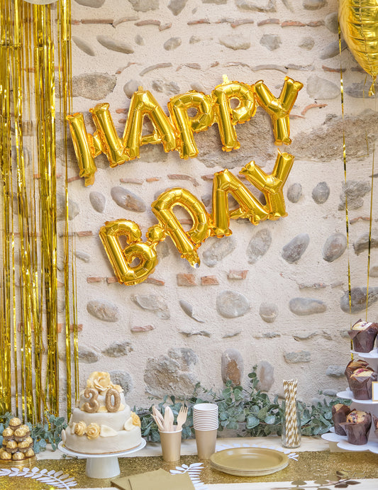 Ballon aluminium lettres Happy Birthday doré