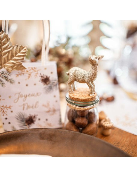 Bocal en verre avec bouchon liège et faon à paillettes 13 cm