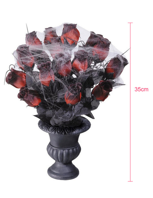 Bouquet roses rouges toile d'araignée 35 cm Halloween