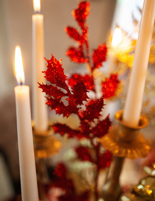 Branche de houx paillettes rouges 70 cm