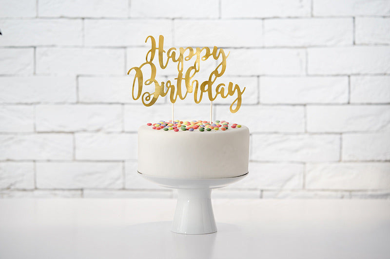 Cake topper en carton happy birthday doré métallisé 22,5 cm