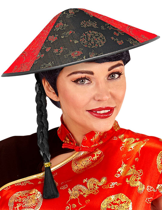 Chapeau chinois avec tresse noire