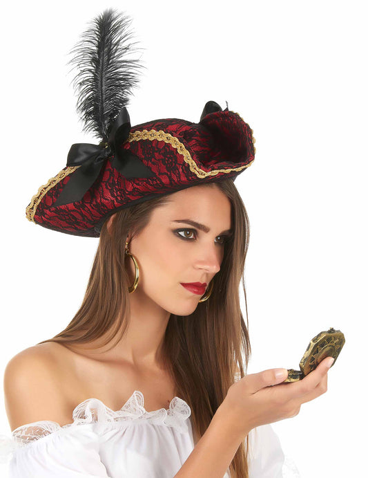 Chapeau de pirate rouge avec plume adulte