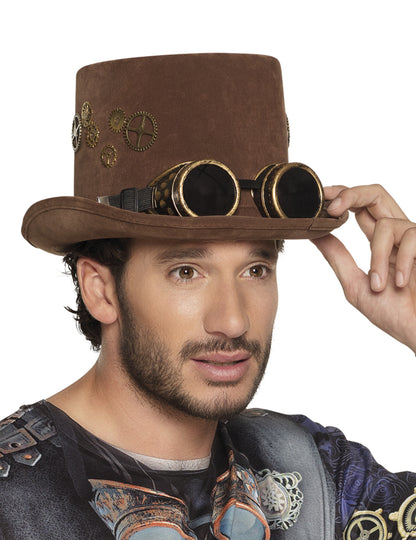 Chapeau haut de forme marron rouages lunettes Steampunk adulte