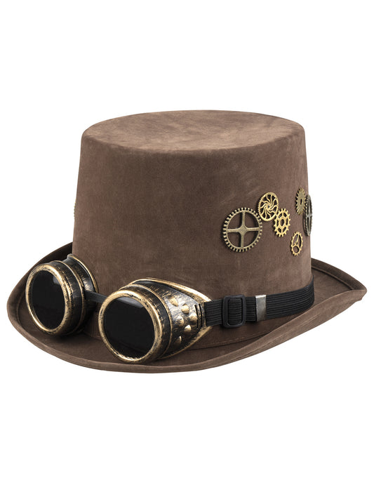Chapeau haut de forme marron rouages lunettes Steampunk adulte