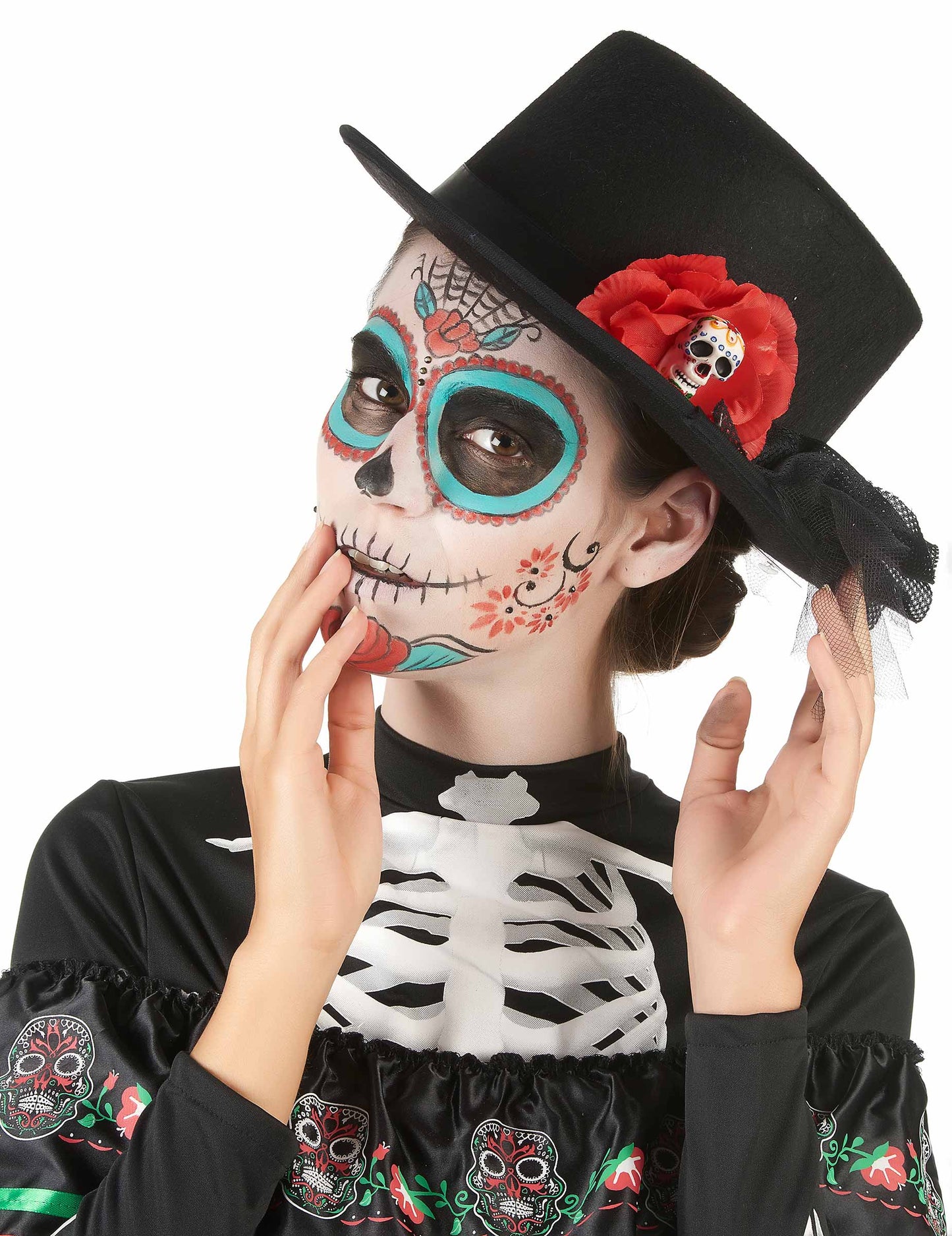 Chapeau haut de forme noir tête de mort fleur rouge Dia de los muertos adulte