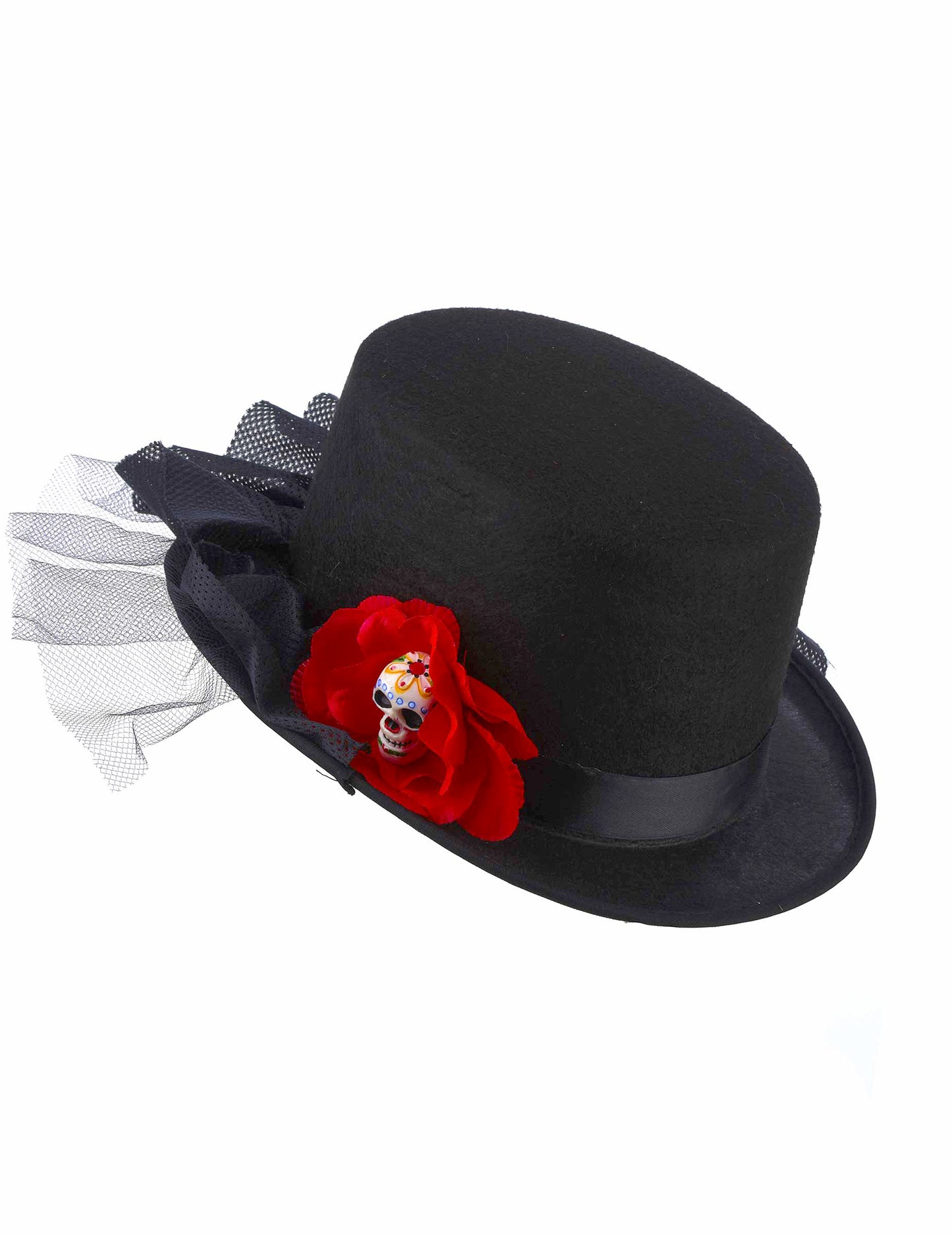 Chapeau haut de forme noir tête de mort fleur rouge Dia de los muertos adulte