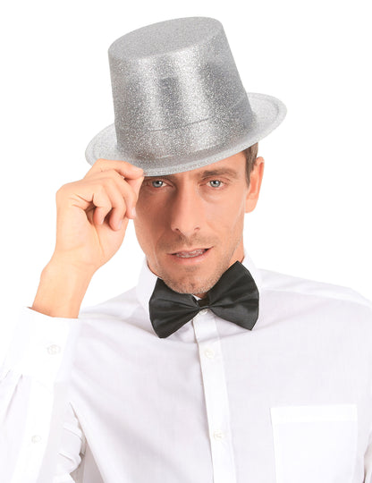 Chapeau haut de forme plastique pailleté argent adulte