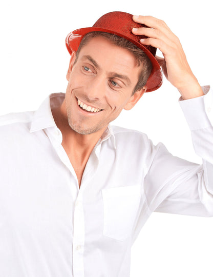 Chapeau melon plastique pailleté rouge adulte
