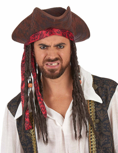 Chapeau pirate marron avec perruque adulte