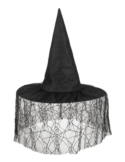 Chapeau sorcière noir avec voile araignée femme Halloween