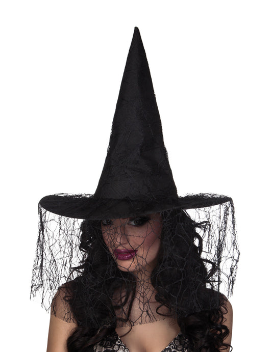 Chapeau sorcière noir avec voile araignée femme Halloween