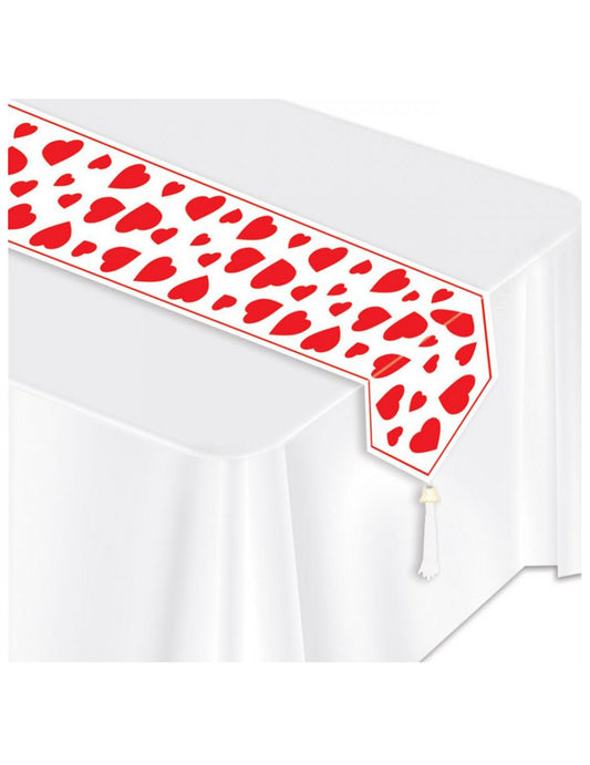 Chemin de table blanc c?urs rouges 28 cm x 1,82 m