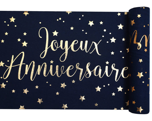 Chemin de table coton joyeux anniversaire bleu et or 28 cm x 3 m