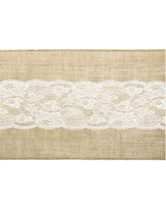 Chemin de table en jute centre dentelle 28 cm x 2,75 m