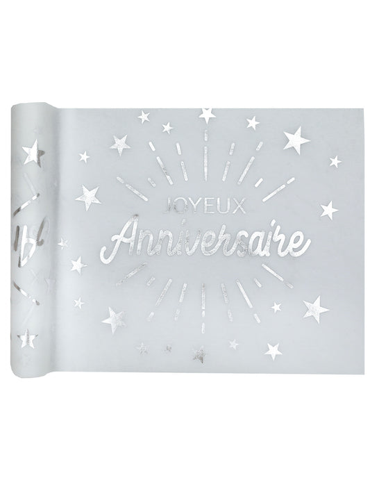 Chemin de table intissé anniversaire blanc et argent 5m x 30 cm