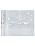 Chemin de table intissé anniversaire blanc et argent 5m x 30 cm