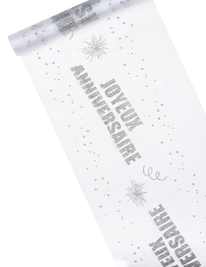 Chemin de table organza Joyeux Anniversaire argent 29 cm x 5 m