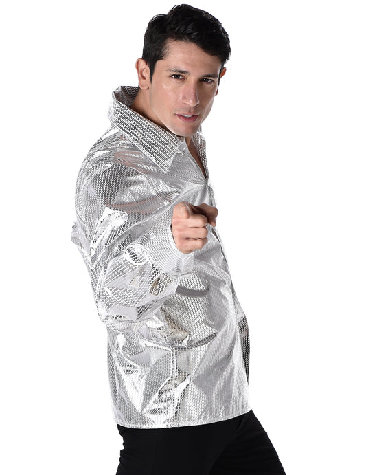 Chemise disco brillante argent homme