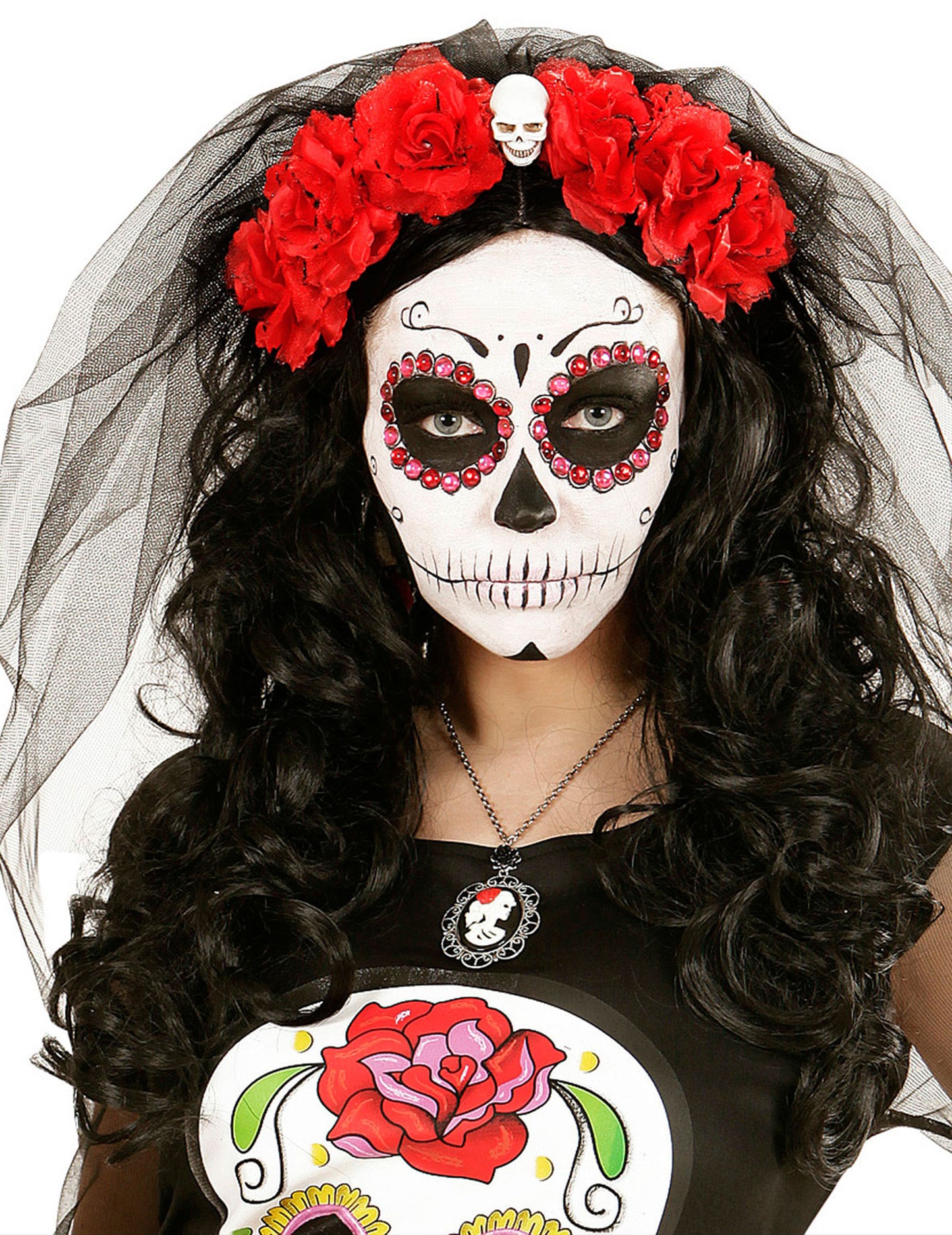 Coiffe fleurs rouges avec tête de mort femme Dia de los muertos