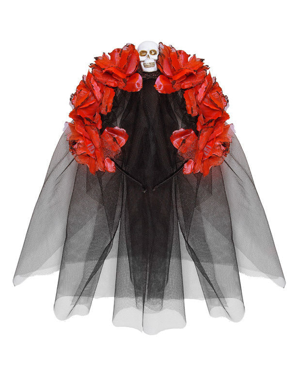 Coiffe fleurs rouges avec tête de mort femme Dia de los muertos