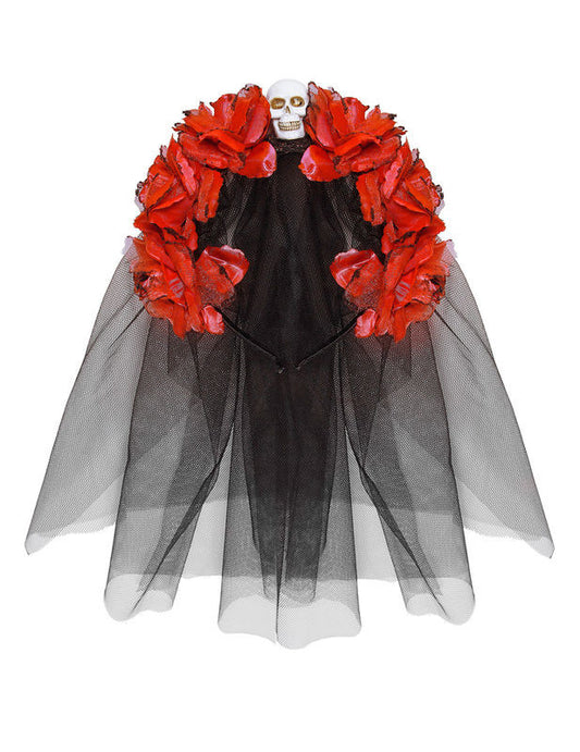 Coiffe fleurs rouges avec tête de mort femme Dia de los muertos