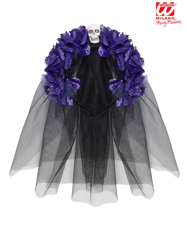 Coiffe fleurs violettes avec tête de mort femme Dia de los muertos