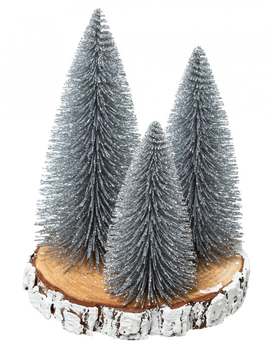 Décoration sapins argentés sur rondin 20 x 15 cm