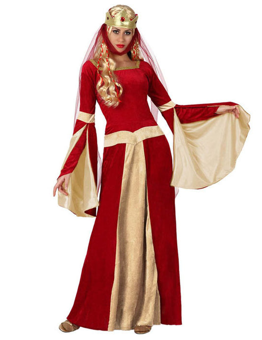 Déguisement dame médiévale rouge et or femme