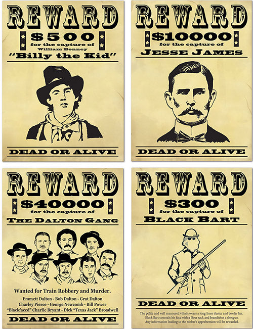 4 Affiches de récompense Bandits américains 48,3 cm