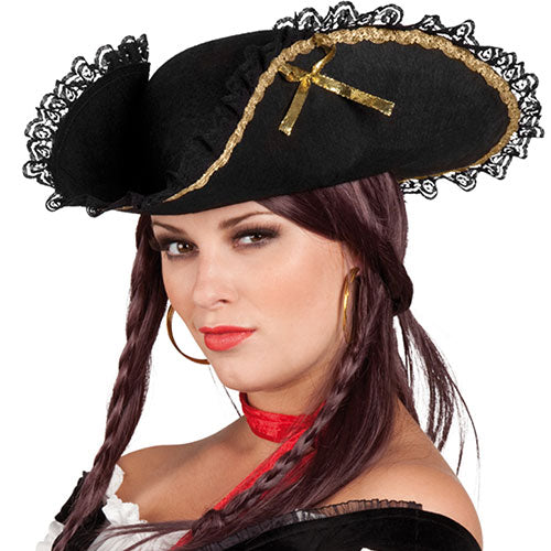 tricorne pirate dame noir et doré